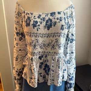 American Rag Cie Blue Floral Peasant Top XL Smocked Boho Cottagecore